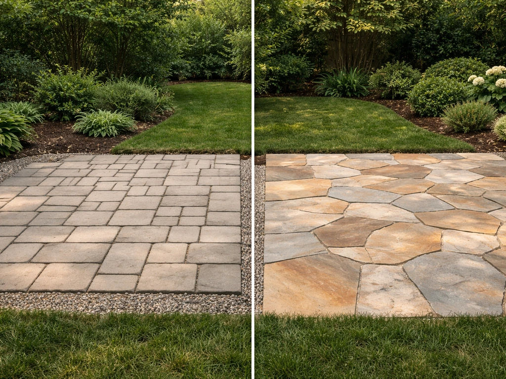Two adjacent flagstone patio sections showing simple vs richer stone layouts.