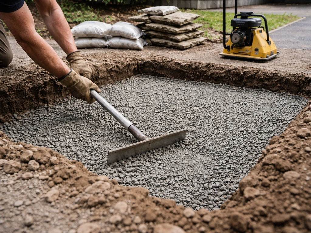 Close-up of a graded excavation base with a compact plate and staged flagstones for a patio installation.