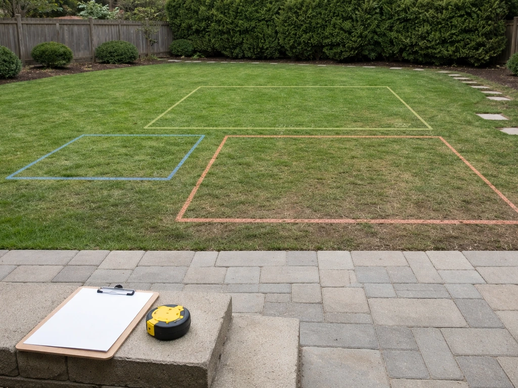 Backyard patio with three simple colored chalk footprint outlines and a tape measure on the edge.
