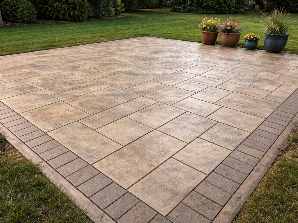 Finished stamped concrete patio with clear stamp pattern, warm base color, and decorative border edging.