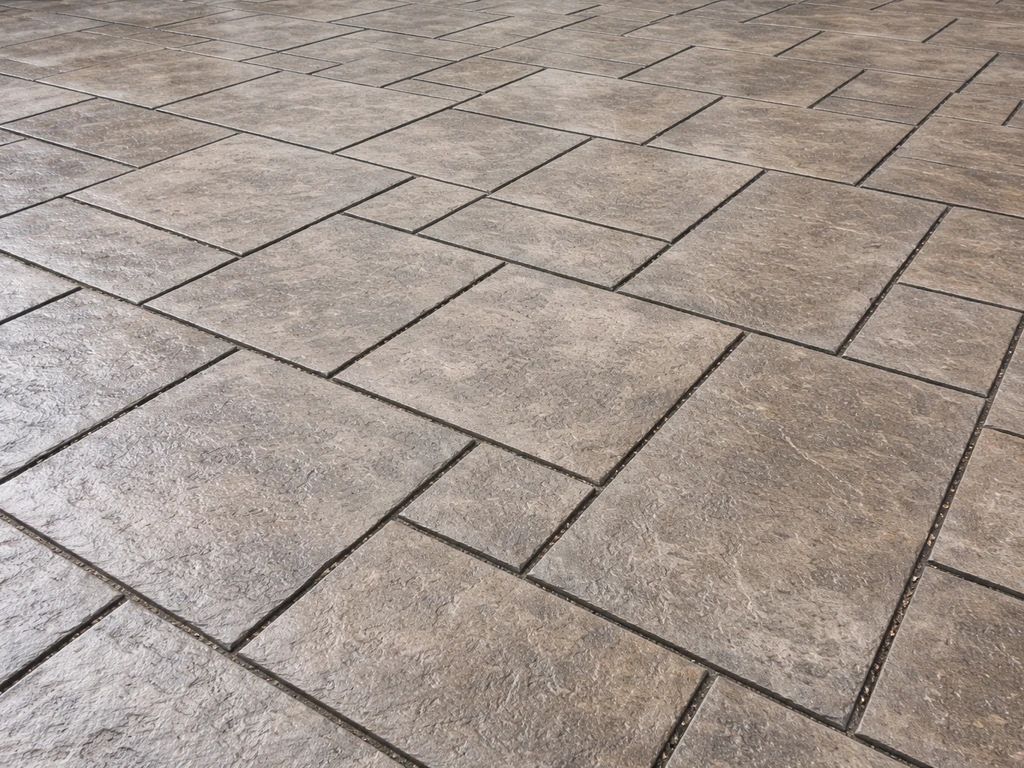 Close-up of stamped concrete patio texture with a simple single pattern and single muted color.
