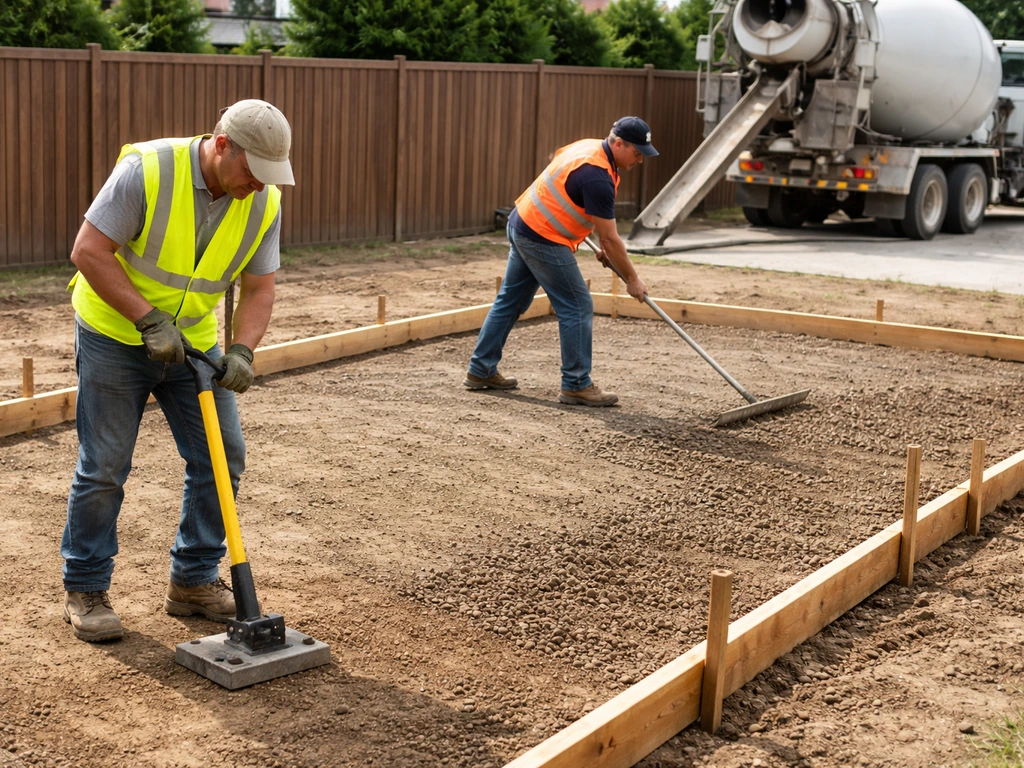 Construction workers compact soil and set forms for a stamped concrete pour in a backyard with truck access.