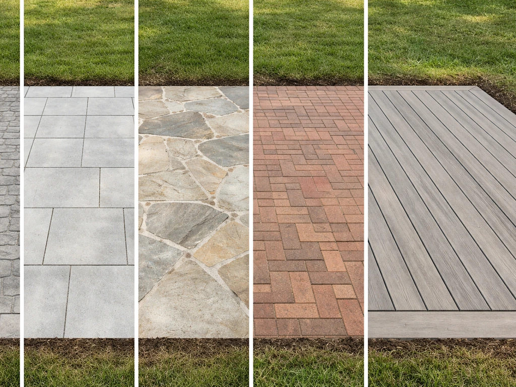 Side-by-side patio surfaces showing stamped concrete, pavers, natural stone, brick, and a deck.