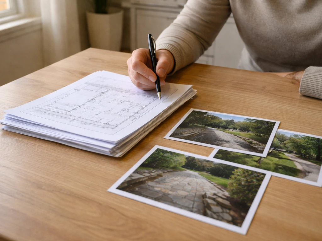 Homeowner at a kitchen table reviewing quote documents beside a printed site measurement plan and photos.
