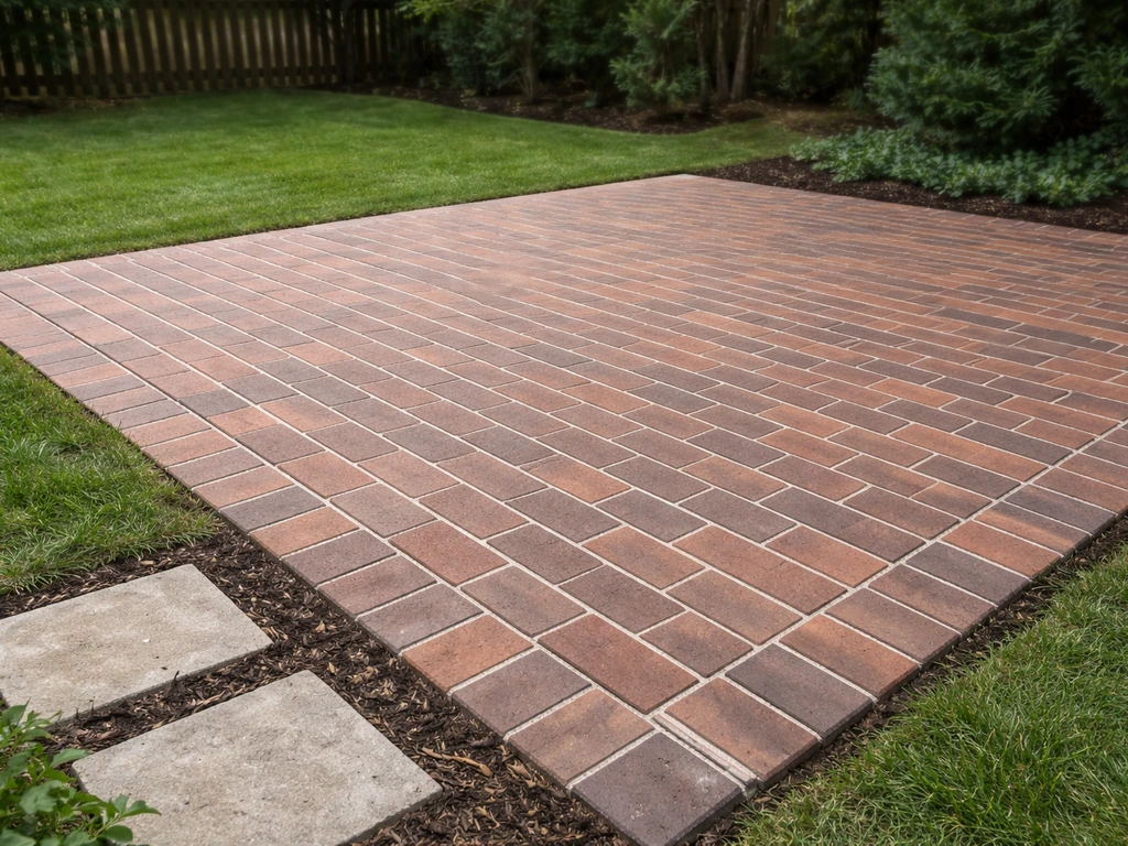 Completed brick patio with neatly laid pavers in an outdoor residential yard setting