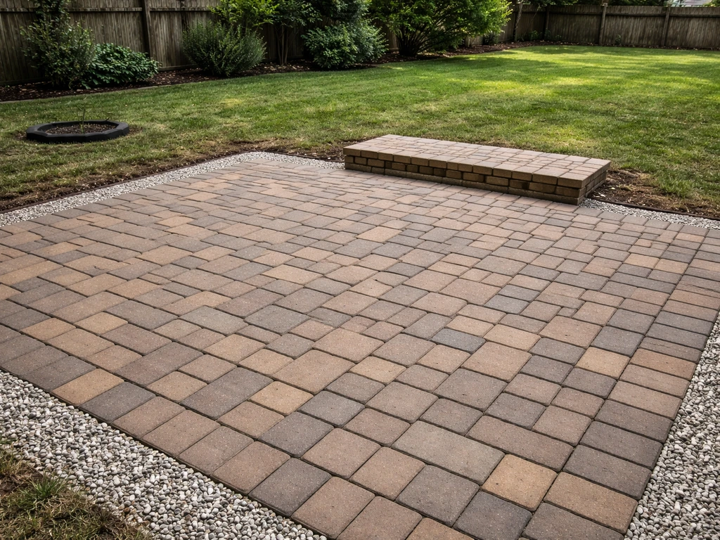 Residential backyard with a neatly laid brick paver patio and surrounding lawn, viewed at eye level.