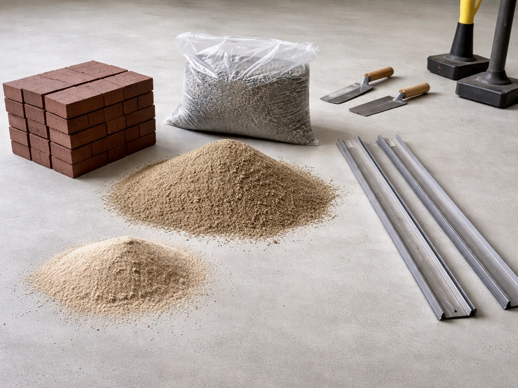 Minimal patio install materials laid out: pavers, base gravel, leveling sand, edging pieces on concrete.