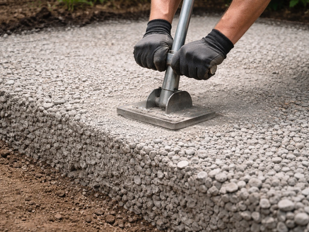 Close-up of a leveled, compacted crushed-stone/gravel base layer for patio prep with visible thickness.