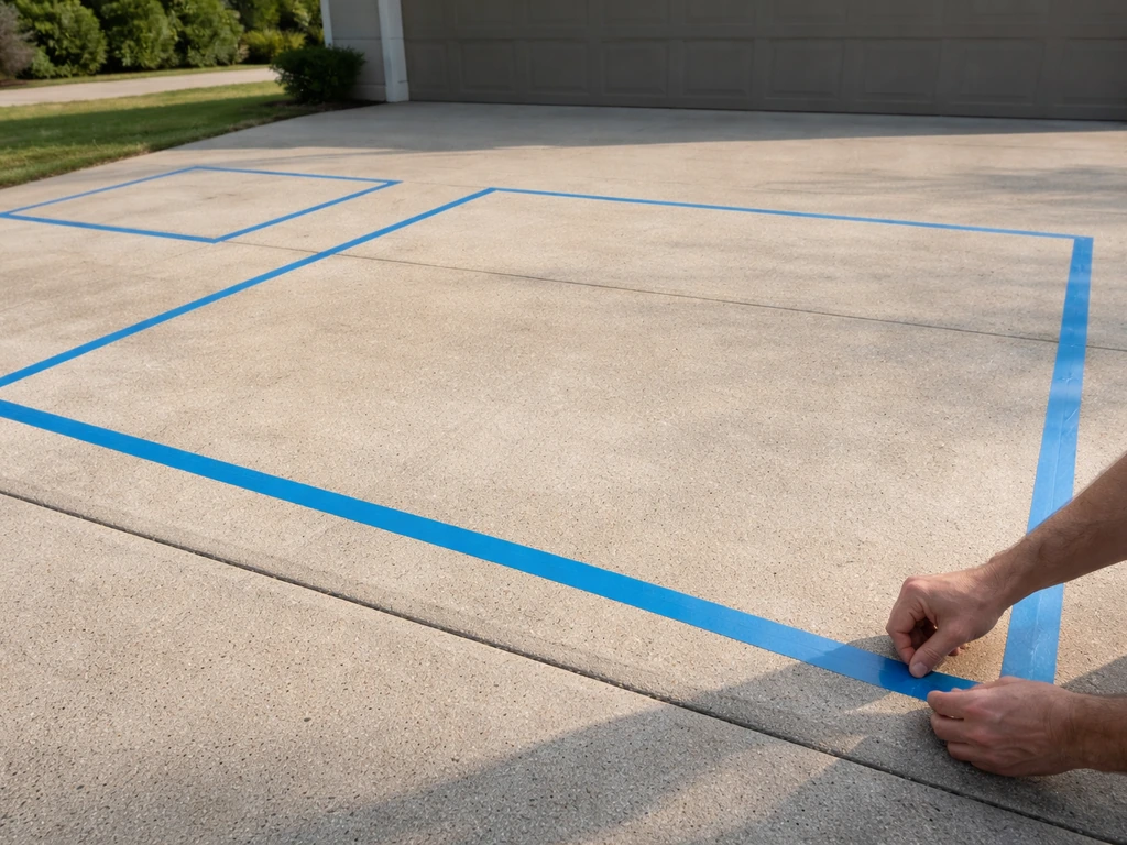 Minimal photo of three taped patio-area mockups on a driveway showing 10x10, 12x12, and 20x20 sizes