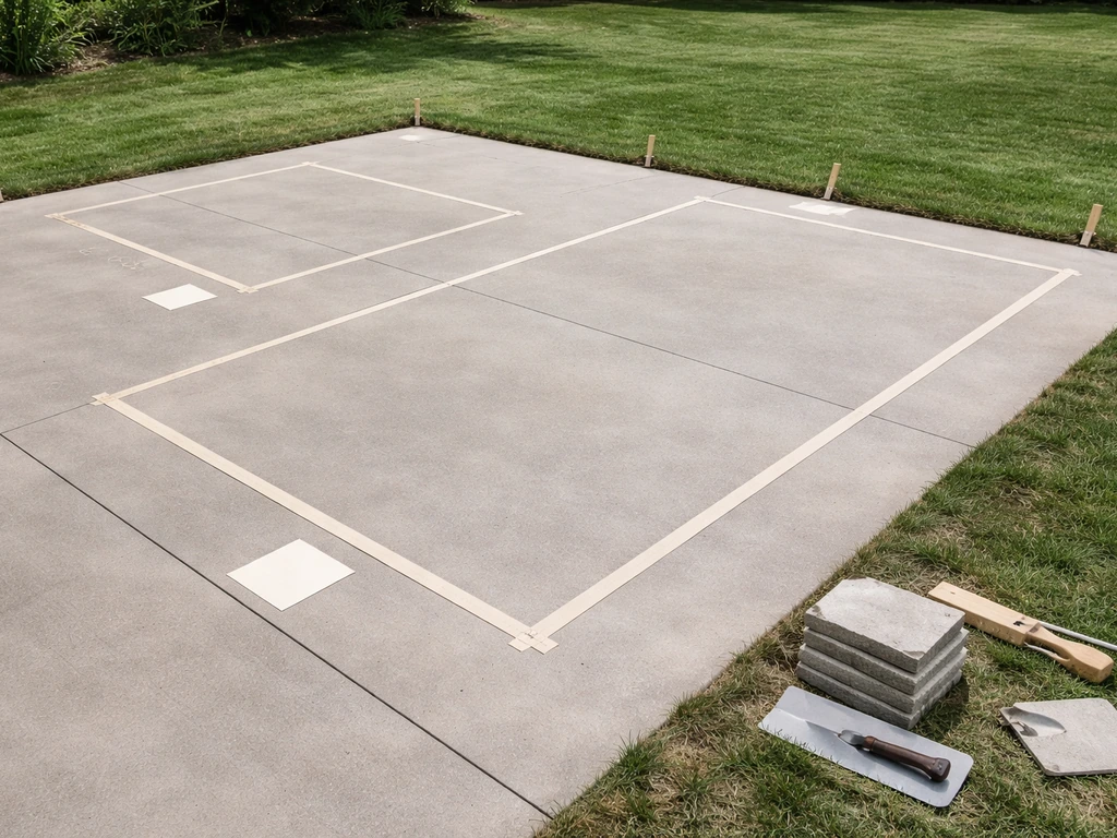 Backyard patio ground with tape outlines for common sizes and an estimating tool setup, no people or text.