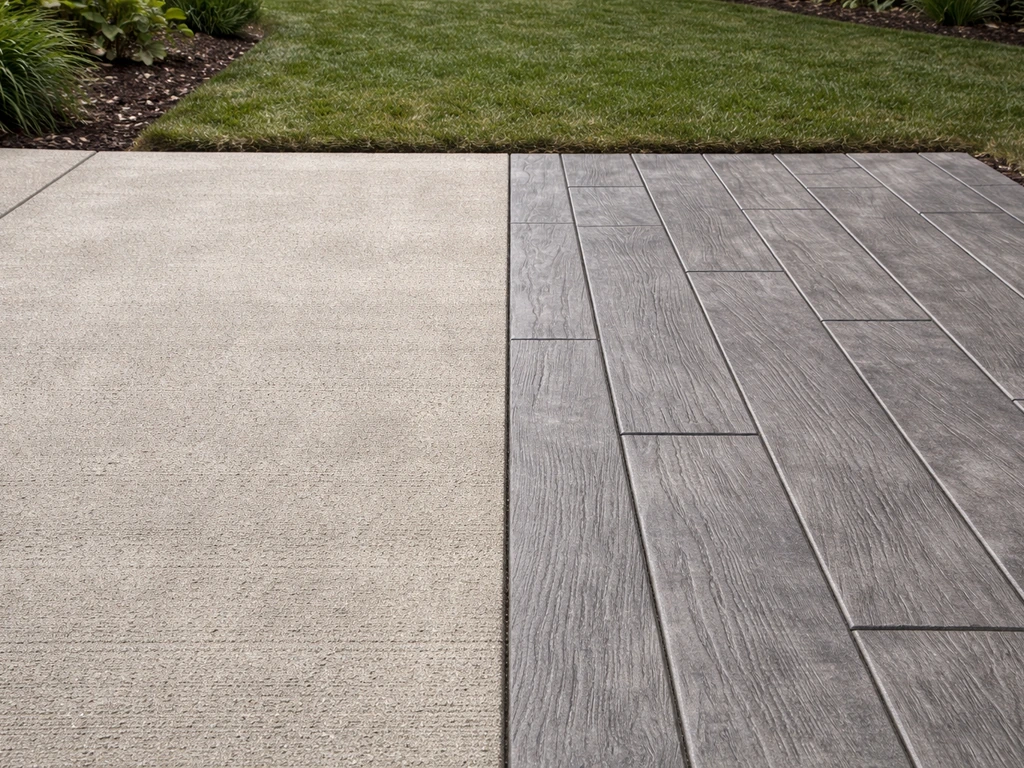 Backyard side-by-side patio showing plain broom-finish concrete next to stamped concrete with a wood-like pattern.