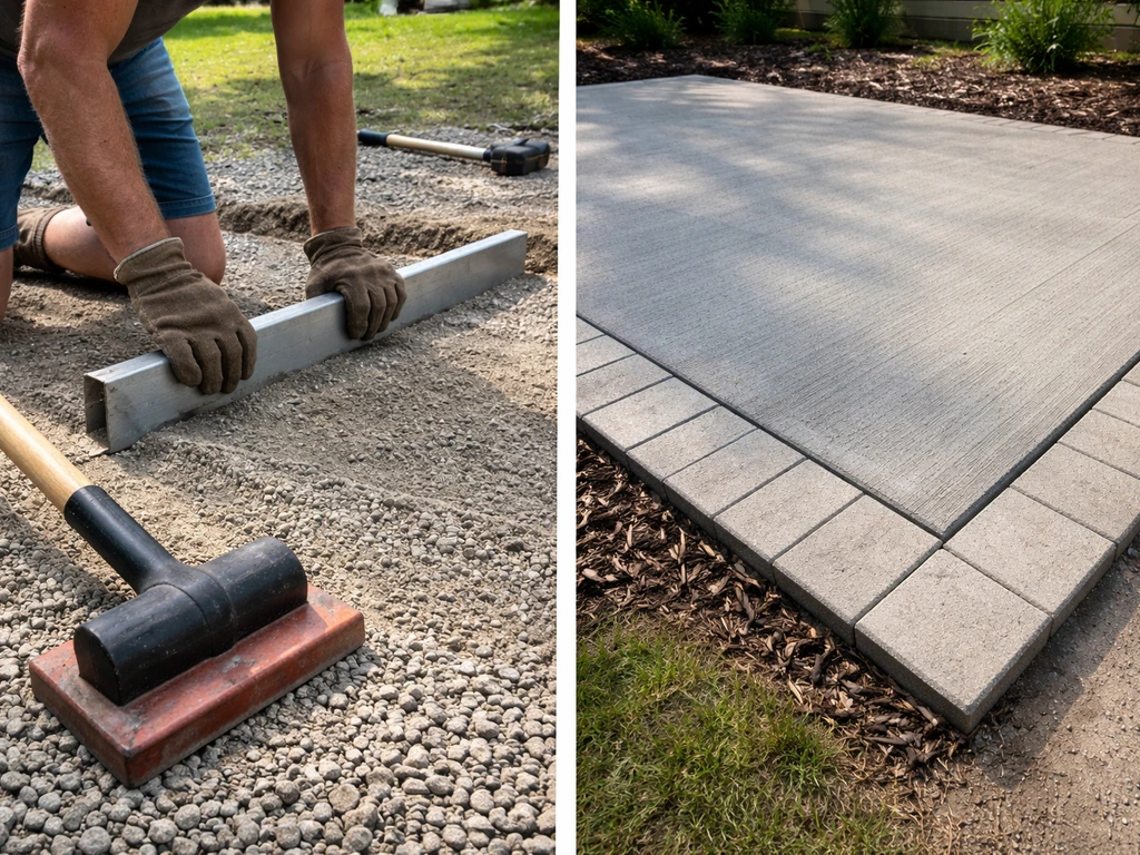 Homeowner leveling a small concrete patio area with a hand tamper beside a neatly finished concrete section.