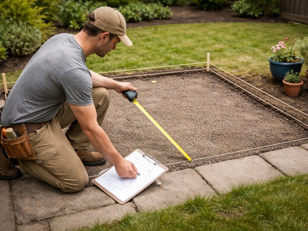 Contractor measures a backyard patio with a laser and tape while reviewing a scope sheet on a clipboard.