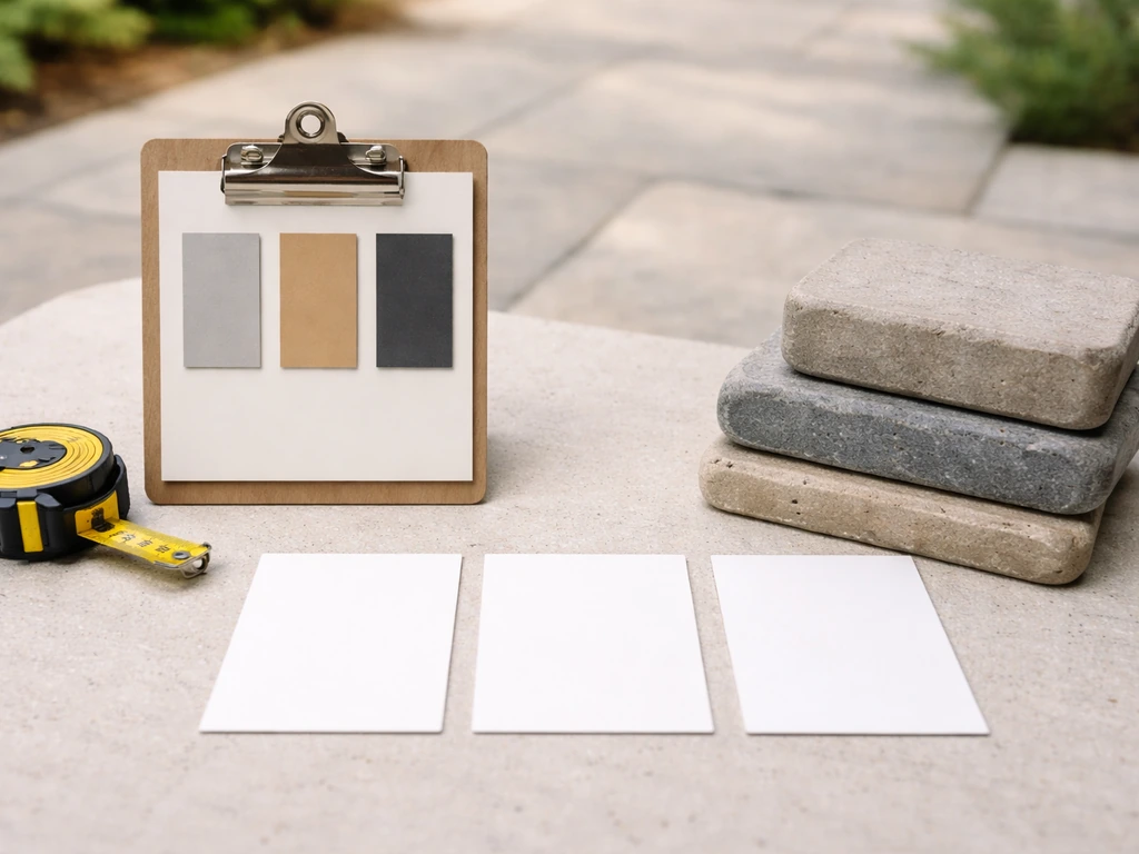 Simple photo of a patio materials calculator setup with price-like tiers shown on blank cards