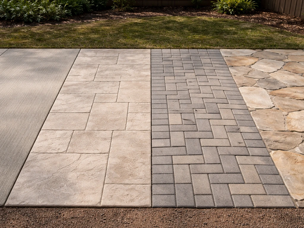 Four adjacent patio surfaces—concrete, stamped concrete, pavers, and flagstone—shown in one outdoor photo.