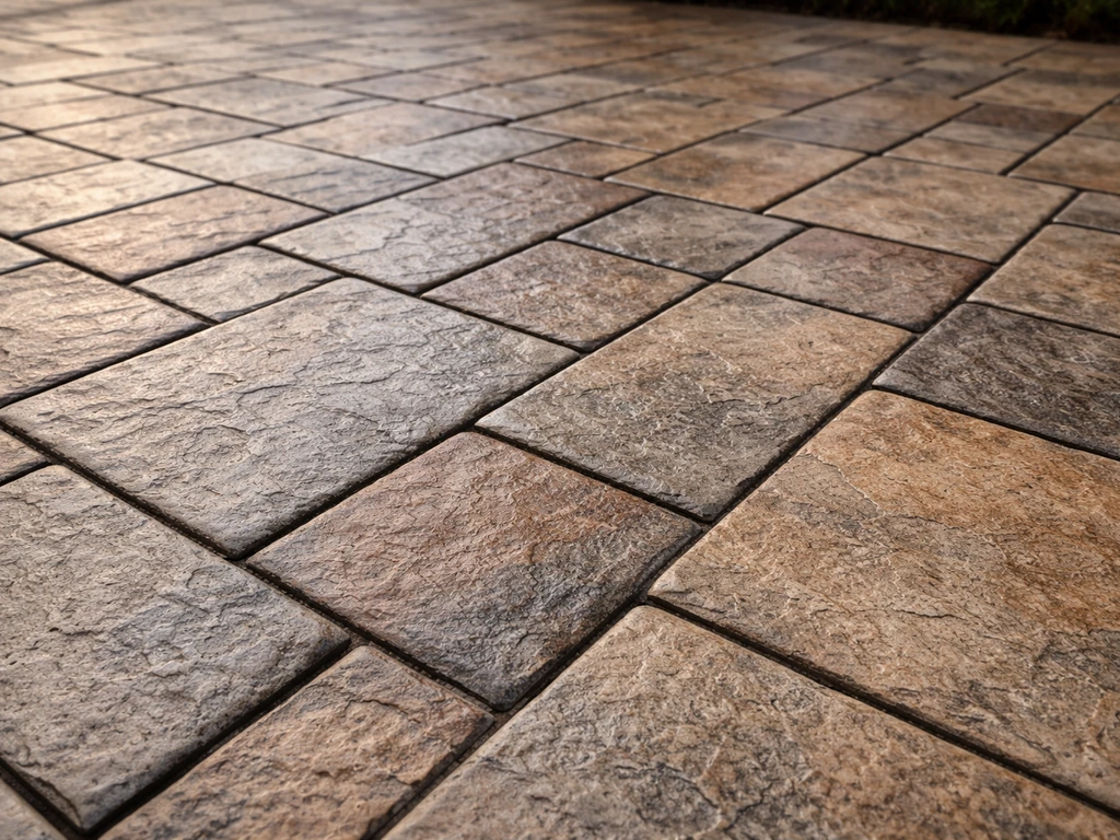 Close-up of stamped concrete with realistic stone-like pattern and colored finish in natural outdoor light.