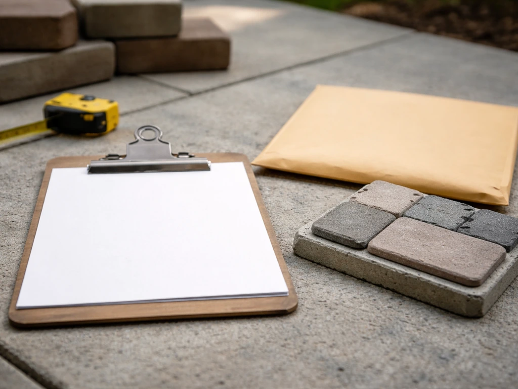 Patio pavers, clipboard, and tape measure on concrete suggesting budget planning—no readable text.