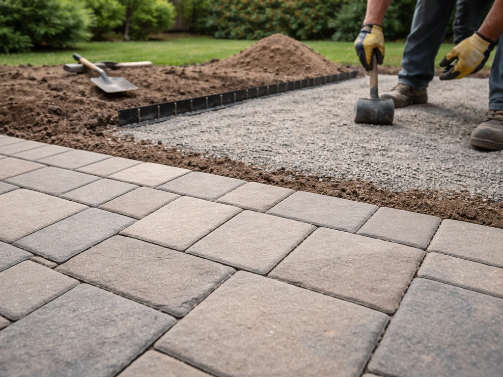 Finished stone patio in front with visible base-prep work zone behind, showing installation labor.