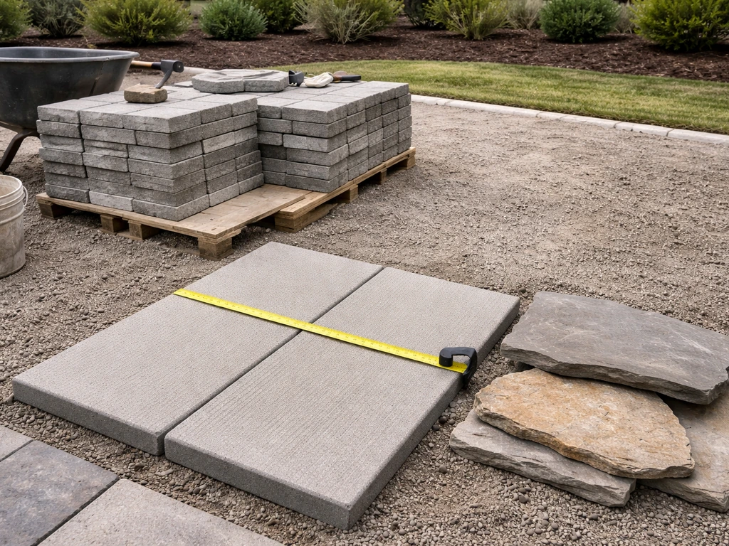 Minimal photo of a patio contractor’s work area with patio pavers and a measuring tape, suggesting patio size pricing.
