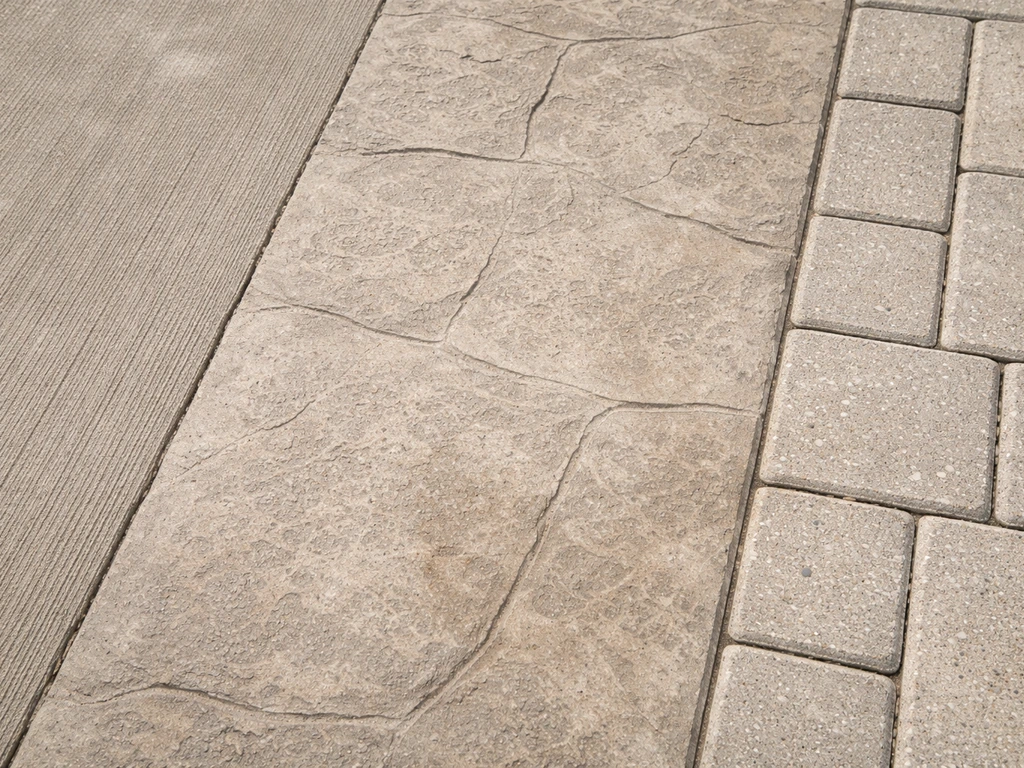 Close-up of three patio material textures: broom-finish concrete, stamped concrete, and concrete paver pattern.