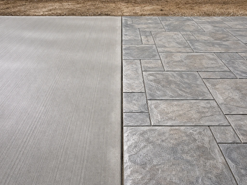 Freshly poured broom-finish concrete beside stamped, textured and colored concrete patio slabs.