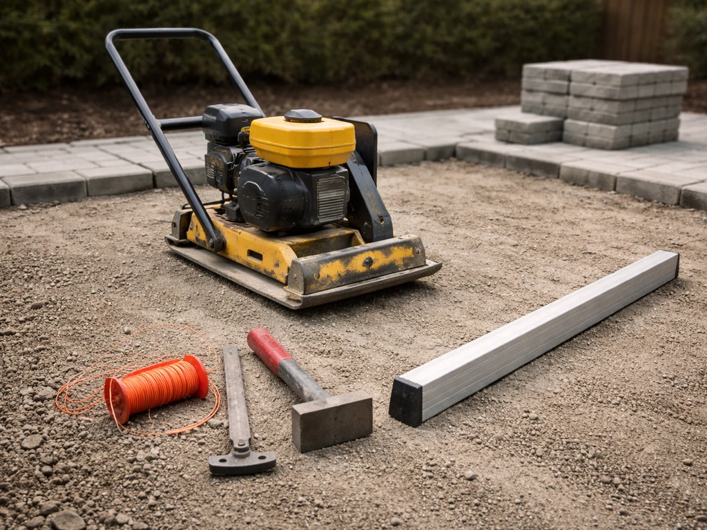 Rental plate compactor and hand tools laid out on a simple paver patio base outdoors