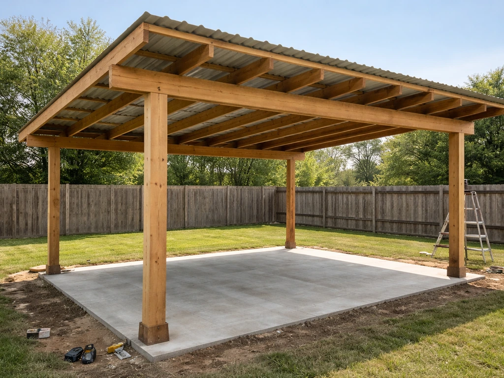 Wide-angle backyard patio under construction with posts, beams, and roof panels in natural light