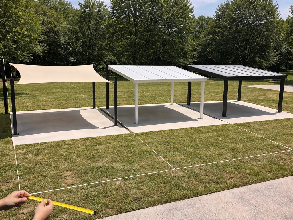 Simple photo showing patio cover cost comparison setup with three unlabeled 20x20 cover types.