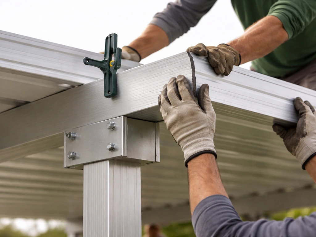 Aluminum patio cover framing and roof panels being installed with visible beam-to-post connections