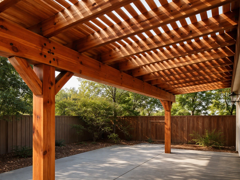 Close-up of a cedar-style wood patio cover with visible grain over a clean patio