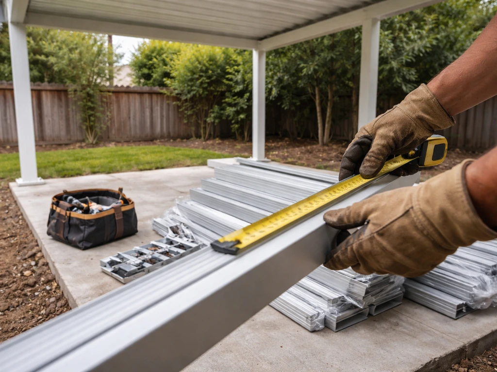 Minimal patio cover construction scene with tools and materials, showing a cost-breakdown theme.