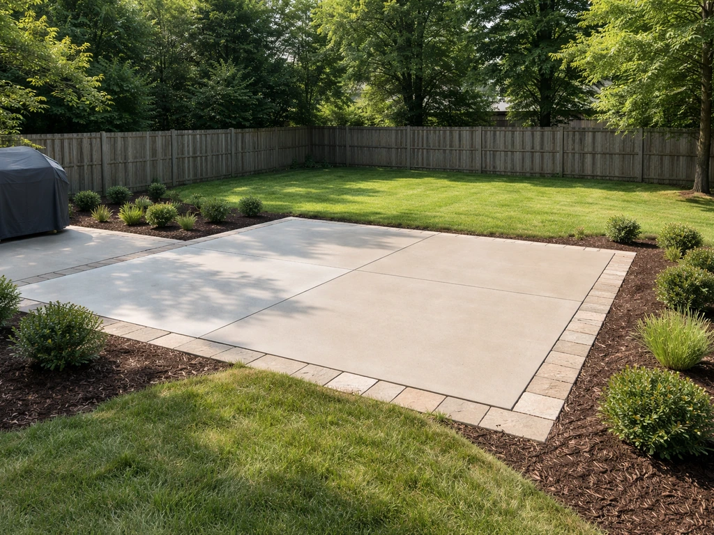 Newly built back patio with clean concrete surface and surrounding backyard landscaping in natural light.