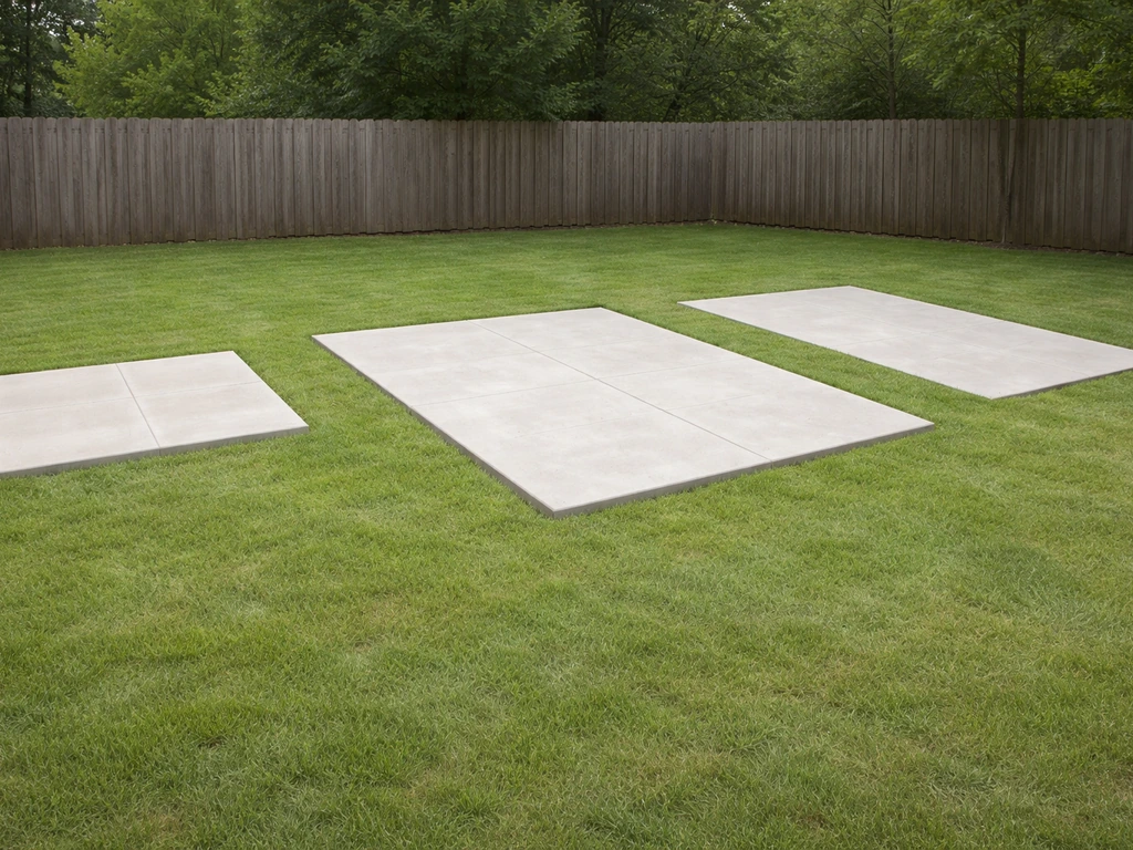 Backyard patio with several concrete and paver sections showing different square-foot sizes laid out on the ground.