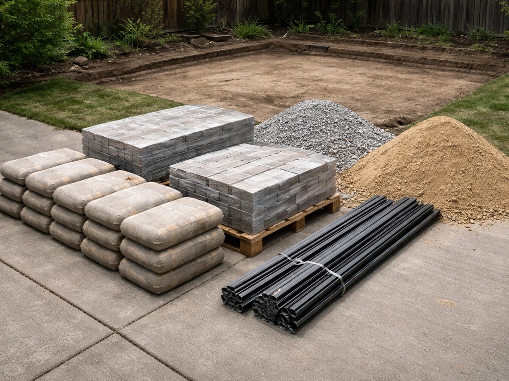 Construction materials lineup: concrete bags, pavers, gravel, sand, and edging by a patio base area.
