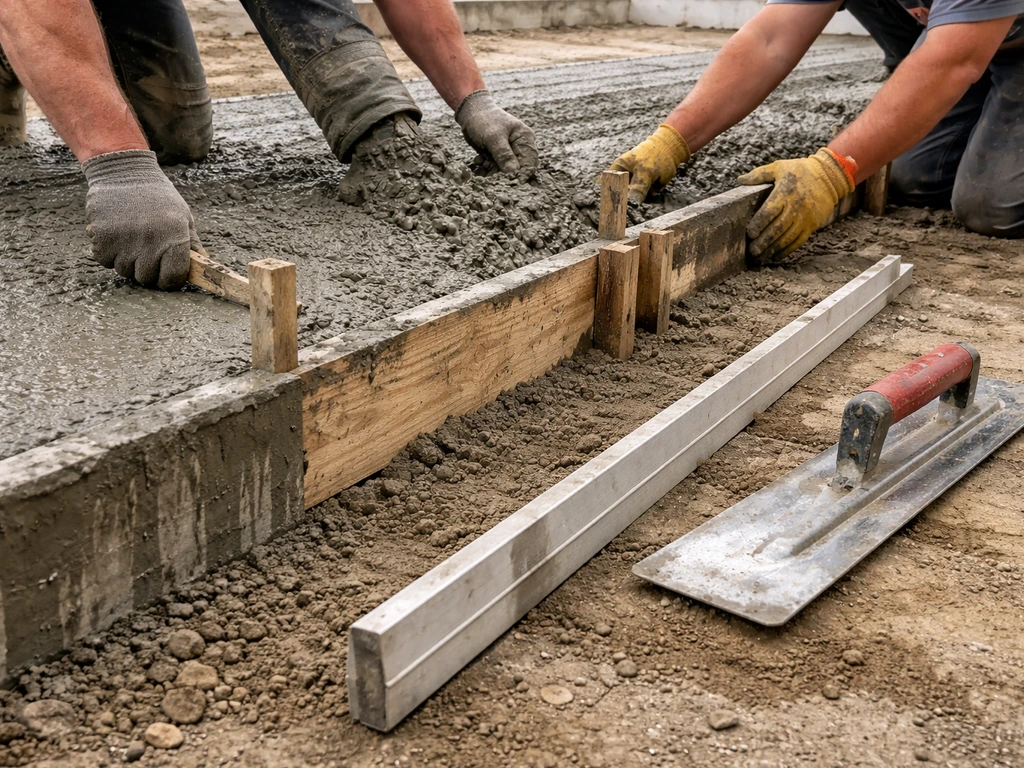 Workers forming and pouring concrete along a slab edge, with rough curing/finishing texture visible.