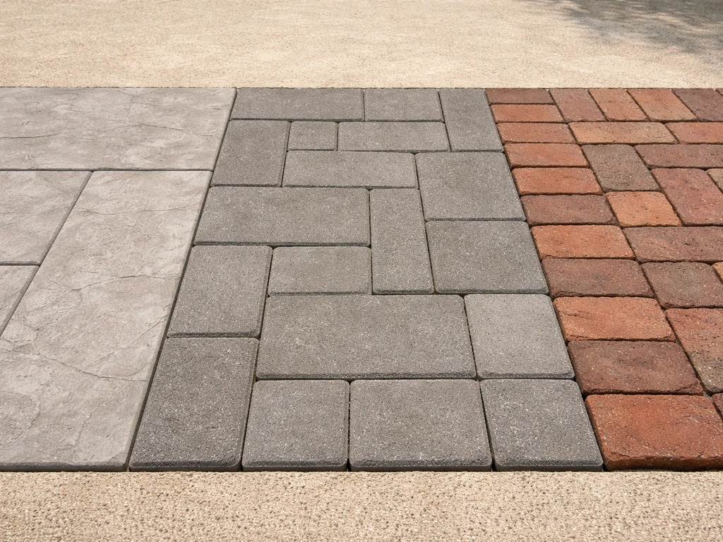 Three adjacent outdoor samples showing stamped concrete, concrete pavers, and brick in natural light.
