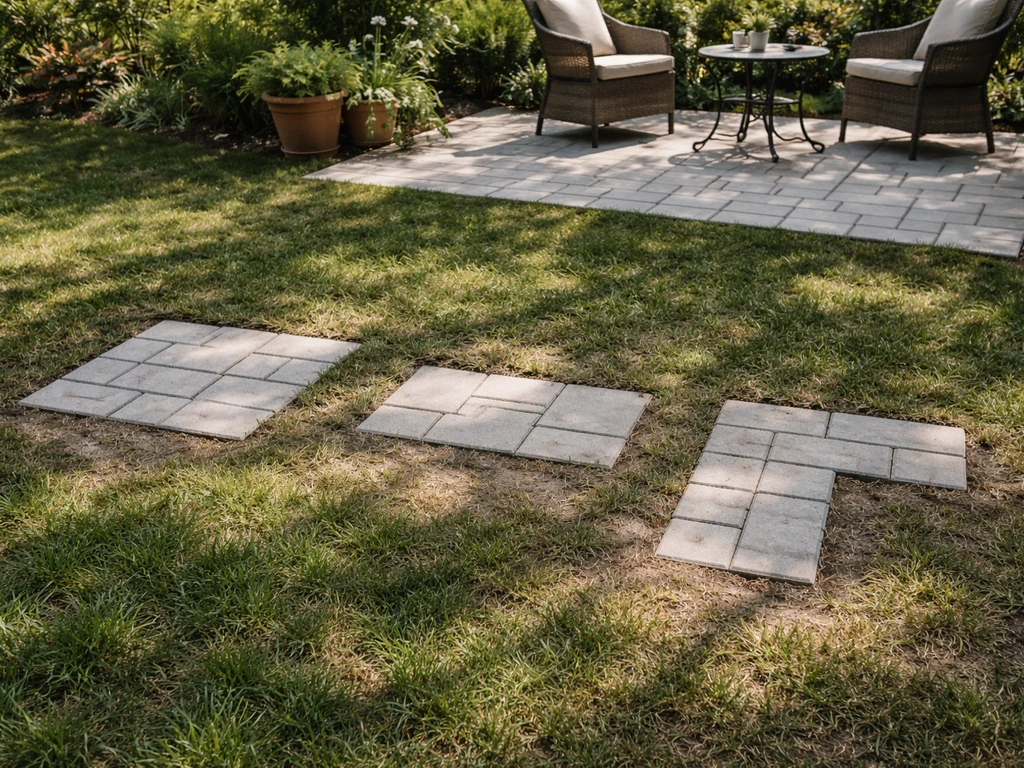 Backyard patio area with small paver footprints (7x7 square and other compact shapes) on grass.