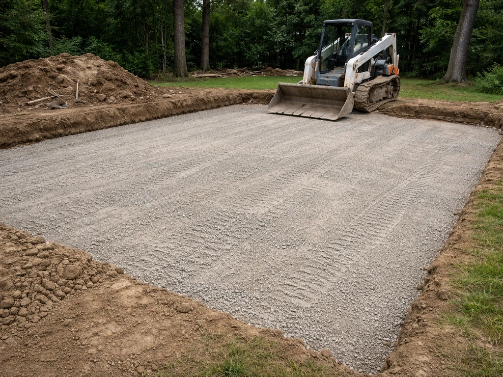 Contractor patio site prep: excavator, graded base layer, and compacted subbase in minimal view.
