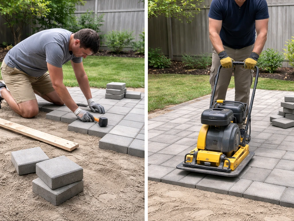 Left: homeowner laying pavers by hand; right: contractor using a plate compactor to level pavers.