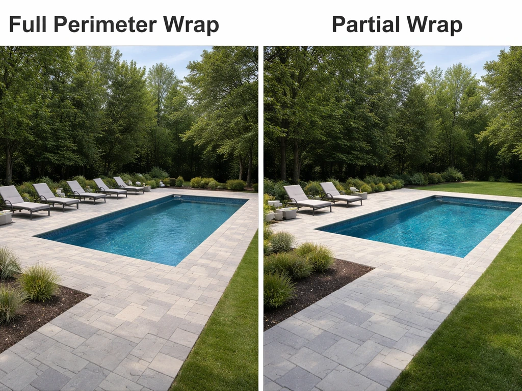 Two simple patio-around-pool layout scenes: full perimeter wrap and partial wrap around a rectangular pool.