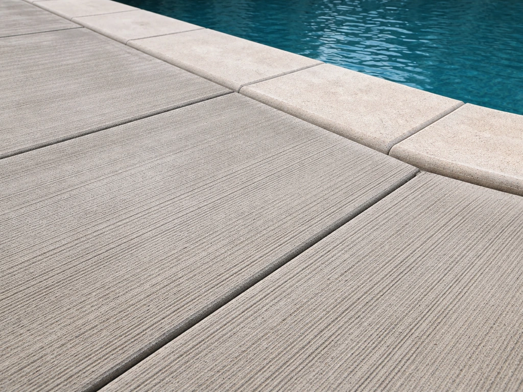 Close-up of broom-finish concrete patio with expansion joints and a pool-edge transition detail.