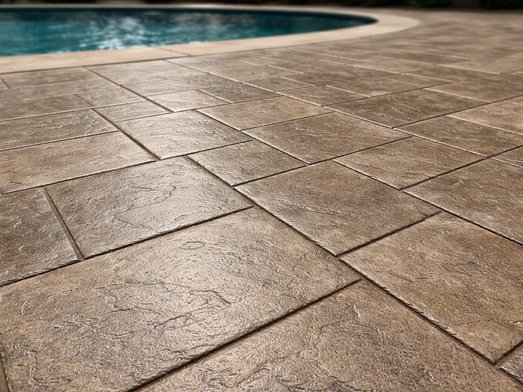 Stamped concrete pool patio with a sealed finish showing crisp pattern and subtle color variation.