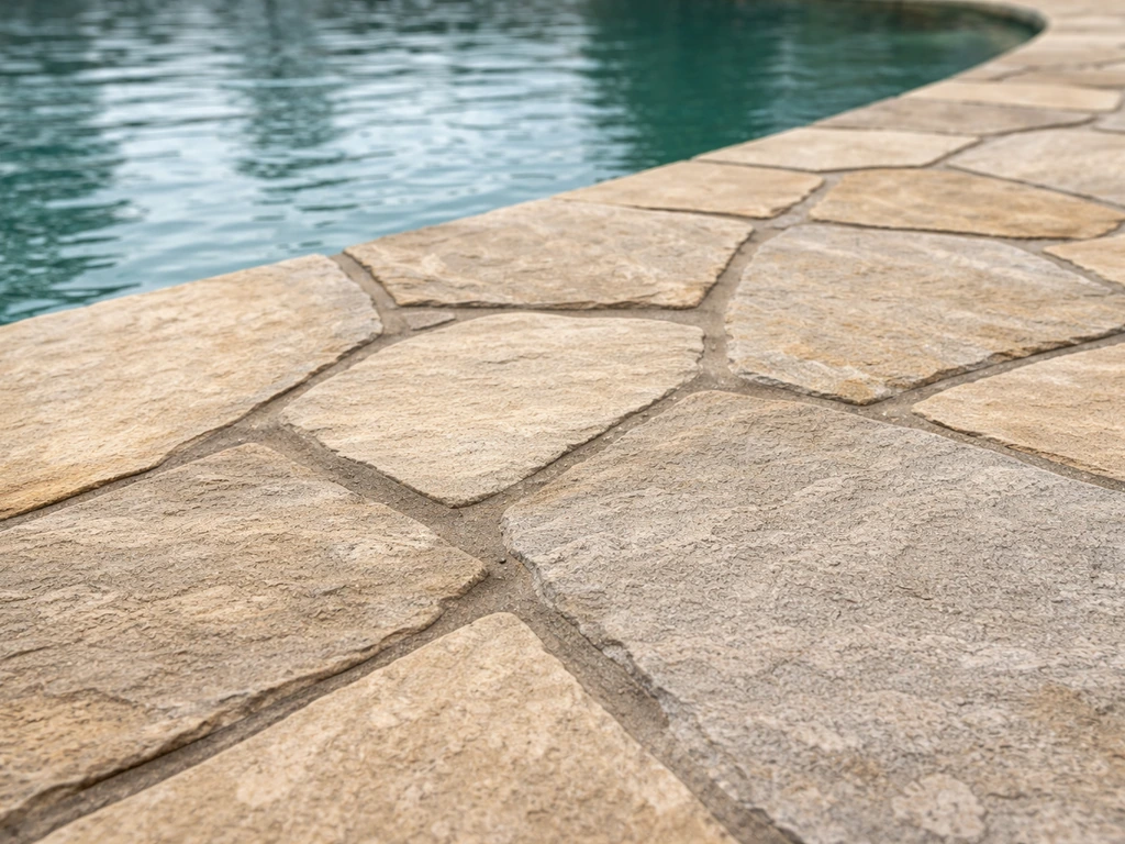Natural flagstone patio by a pool, showing textured stone variation and visible joints.