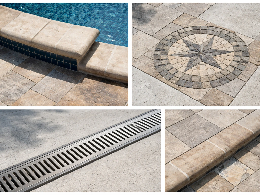 Photo collage of pool patio extras: coping/edge detail, decorative inlays, and drainage grate laid out on concrete.