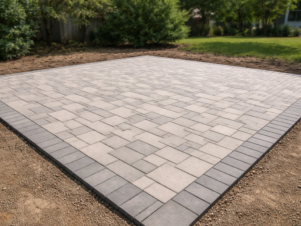 Minimal view of a square concrete paver patio with crisp border and level, freshly laid stones.