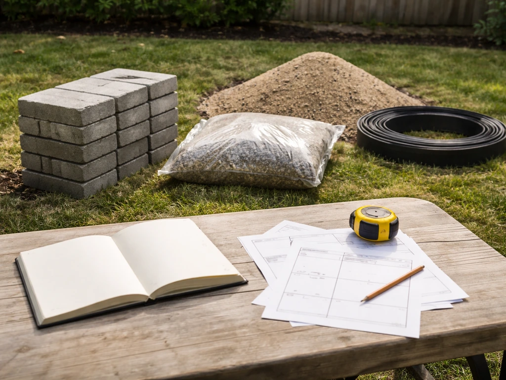 Minimal scene of a paver patio contractor’s workstation with materials and a handwritten-style budget layout