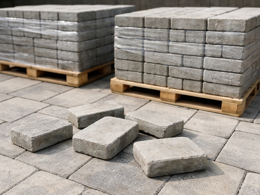 Close-up of stacked concrete paver packs with a few paver pieces on the ground for material cost context.