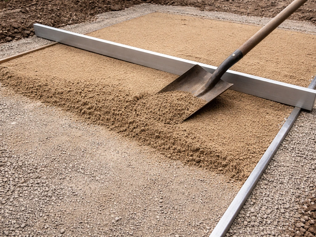Shovel and screed board leveling a fresh sand layer over a compacted base before paver placement.