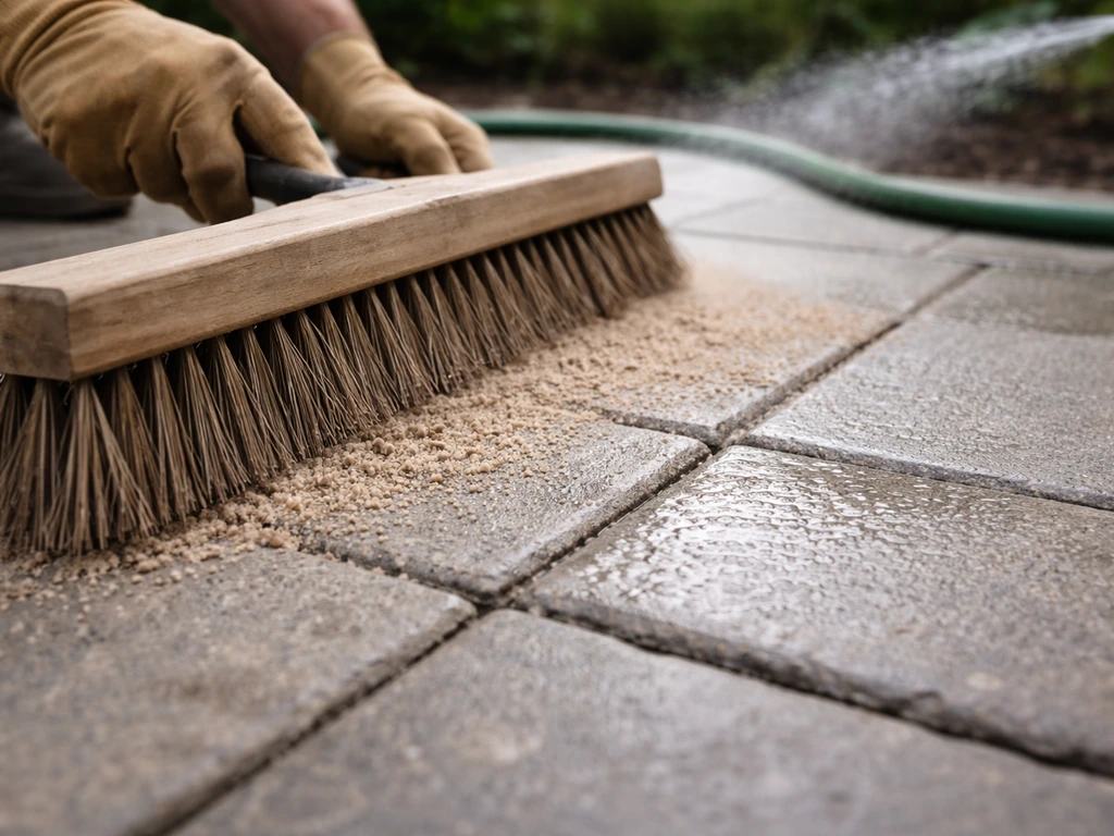 Hands with a broom and hose misting polymeric sand into paver joints for lock-in