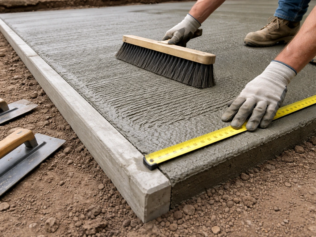 Worker brooming and smoothing a fresh concrete patio while measuring with a tape along the slab edge.